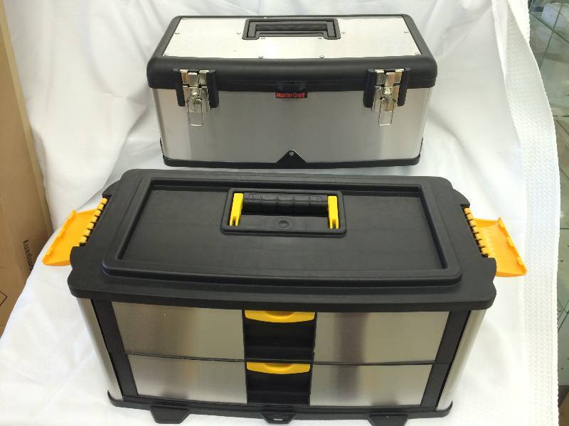 lot 56 image: Brand new Three-Chest Professional-Grade Stainless Steel Portable Tool Storage System - Extending Handle - Roller Wheels retail $159