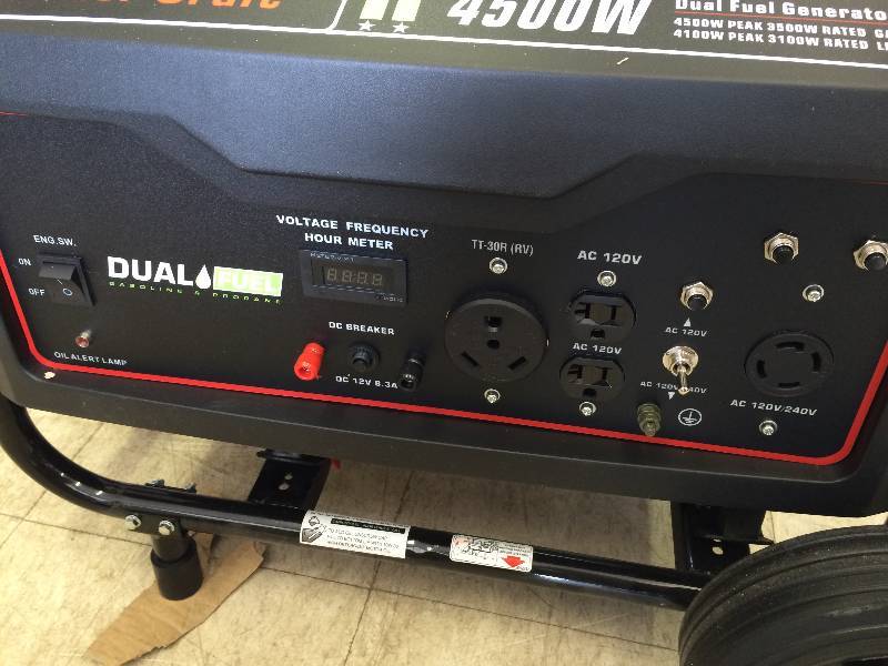 lot 92 image: Brand new Master Craft 4500W Dual Fuel Generator retails for $699