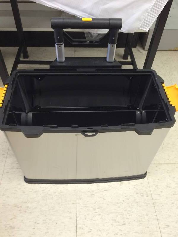 lot 57 image: Brand new Three-Chest Professional-Grade Stainless Steel Portable Tool Storage System - Extending Handle - Roller Wheels retail $159