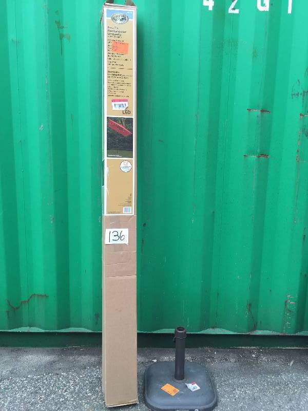 lot 136 image: Hampton Bay 9 x 7 Rectangular Umbrella with LED Lights with Base