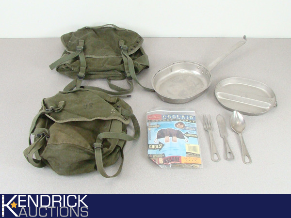 2 US Military Field Packs with Mess Kit PanFlatware, and Helmet Insert