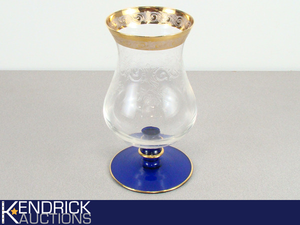 Large Crystal Etched Centerpiece Vase with Cobalt Blue, and Gold Gilding