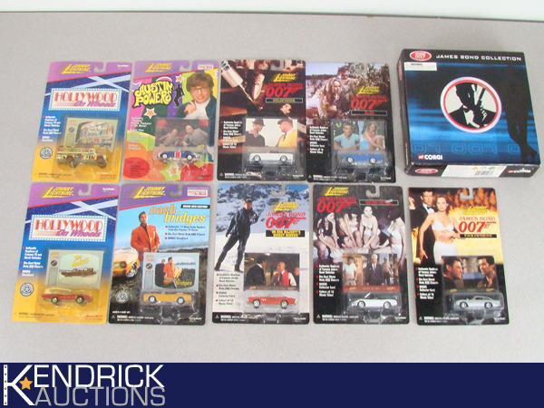 9 Vintage MINT ON CARD Johnny Lightning TVMovie Cars, and 1 Corgi James Bond Gift Set