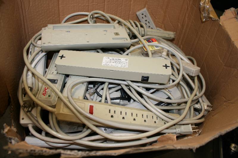 lot 67 image: Box Lot of Miscellaneous Hardware Including Power Strips And More.