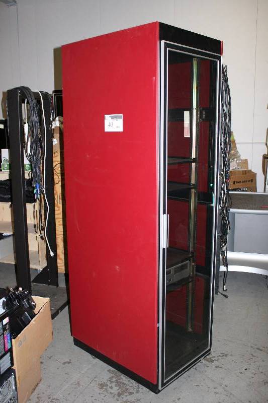 lot 40 image: Enclosed Server Rack wComputer Tower & Ceiling Fan RedBlack 30 x 23 x 82.