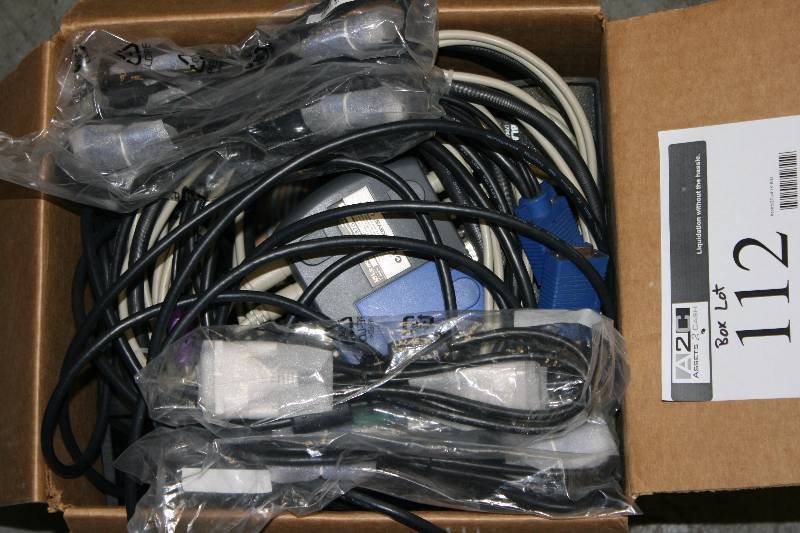 lot 112 image: Box Lot of Miscellaneous Electronics & Cords Including Black Box AB Switch And More.