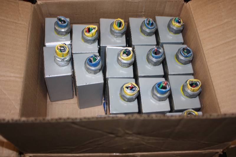 lot 113 image: Box Lot of 220V Outlet Boxes Metal.