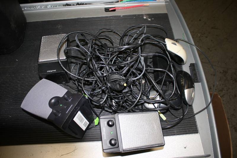 lot 44 image: Box Lot Including Miscellaneous Computer Mouses wCords Computer Speakers wCords.