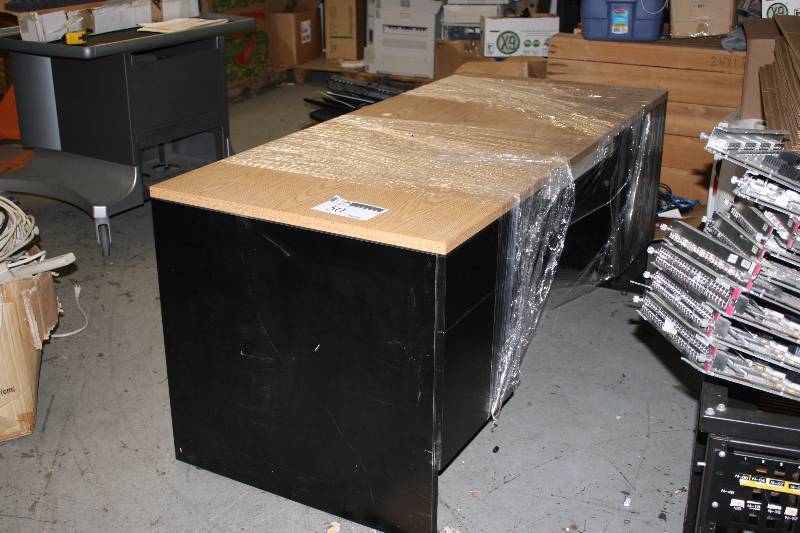 lot 50 image: Office Desk wWood Style Top & Black Base 30 x 65 x 29.