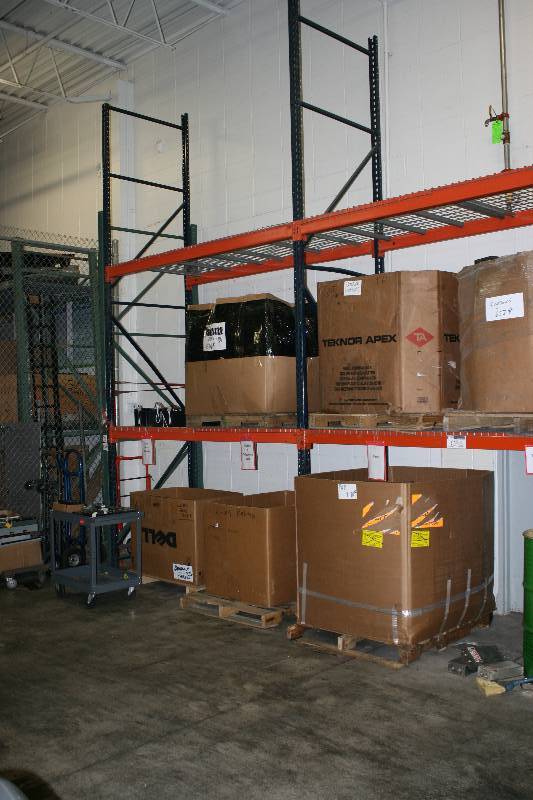 lot 12 image: Tear Drop Pallet Racking Lot Including Uprights, 32 x 190 (3) Cross Beams, 8 (8) Upright, 44 x 144 (1) Decking, 45 x 46 (8) Contents Not Included.