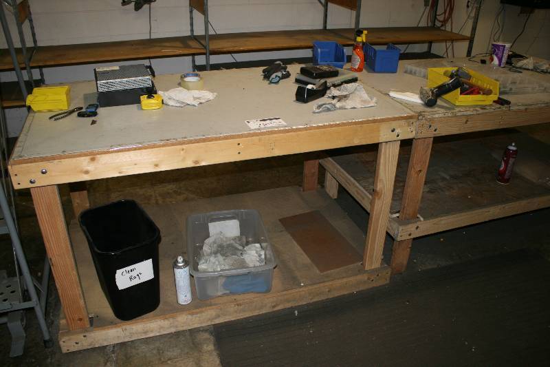 lot 25 image: Lot of (2) Wooden Work Benches wWork Top & Bottom Shelf 36 x 60 x 34.5 Contents Not Included.