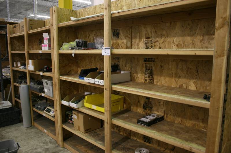lot 27 image: Lot of (2) Wooden Shelves 5 Shelf 18 x 97 x 91 Contents Not Included.