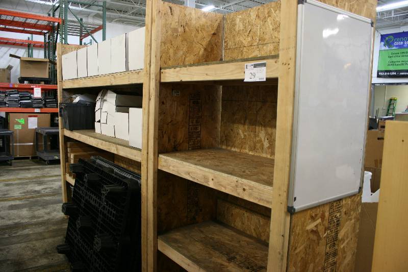 lot 29 image: Lot of (3) Wooden Shelves 18 x 97 x 91 26 x 49.5 x 91 26 x 96 x 91 Contents Not Included.