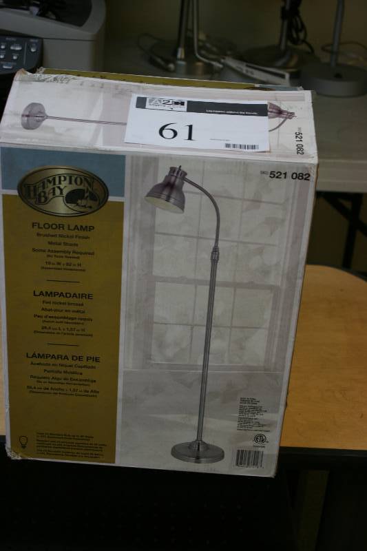 lot 61 image: Hampton Bay Floor Lamp Brushed Nickel Finish Metal Shade 10 x 62.