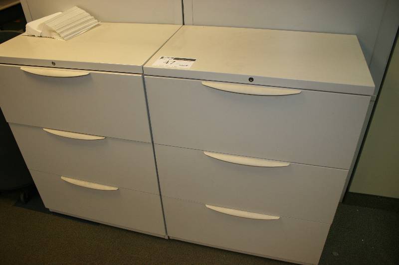 lot 47 image: Lot of (3) Filing Cabinets Beige 3 Drawers 30 x 19 x 39.5 Contents Not Included.