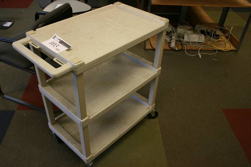 lot 103 image: Plastic Push Cart w3 Shelves & Wheels 17 x 32 x 34.