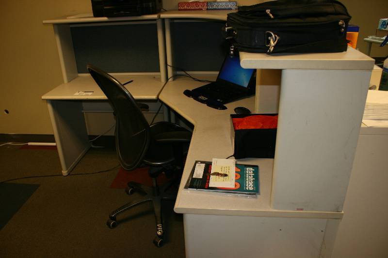 lot 49 image: Corner Desk Office Lot Including Chair L-Shaped Shelf 72 x 72 50.5 Height Contents Not Included.