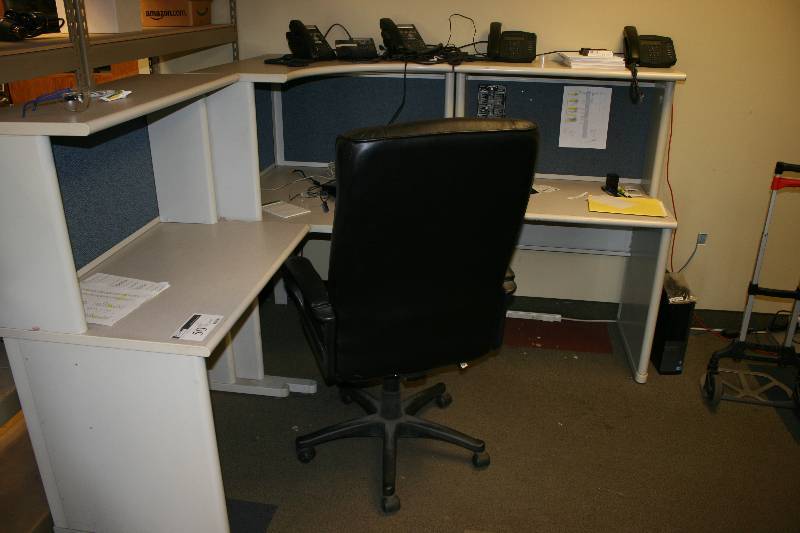 lot 50 image: Corner Desk Office Lot Including Chair L-Shaped Shelf 72 x 72 50.5 Height Contents Not Included.