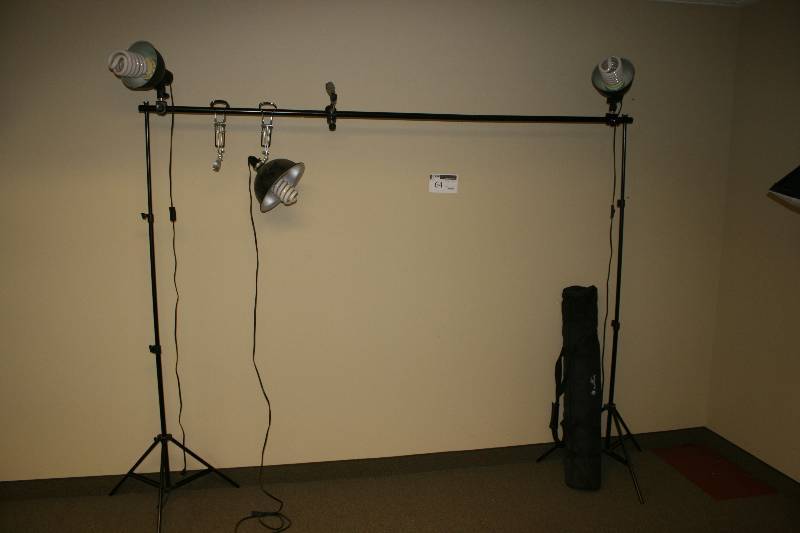 lot 64 image: Lighting Lot Including Horizontal Bar Light Stand wLight Fixtures (2) Carrying Bag 89 x 72.