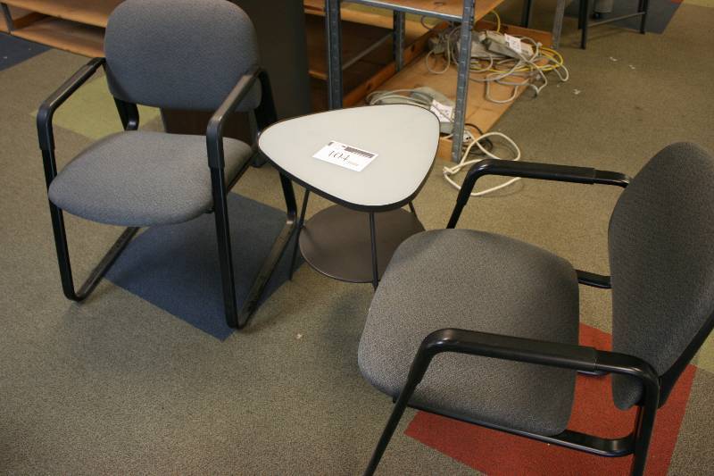 lot 104 image: Lot of (3) Including End Table wLower Shelf, 19 x 19.5 x 22 Office Chairs (2).