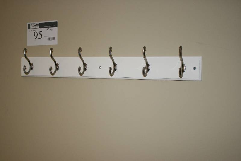 lot 95 image: Coat Hanger Rack wWooden Wall Mount Base & Metal Hooks 6 Hooks Requires Tools For Removal.