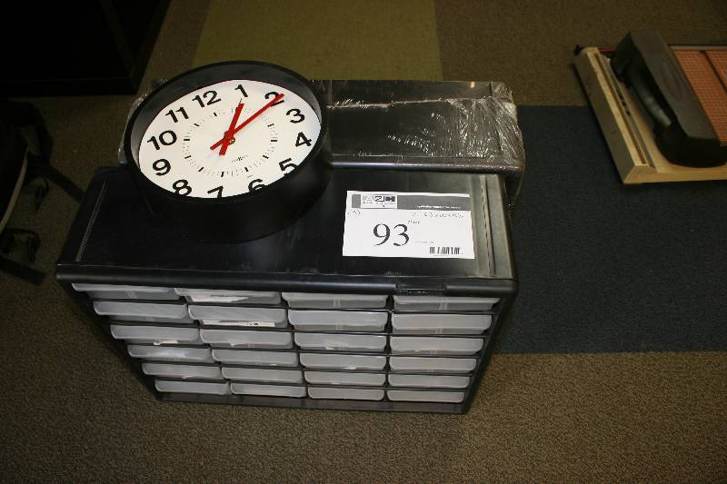 lot 93 image: Office Lot Including Office Clock Oranizer wDrawers, 24 Drawers, Black, Plastic.