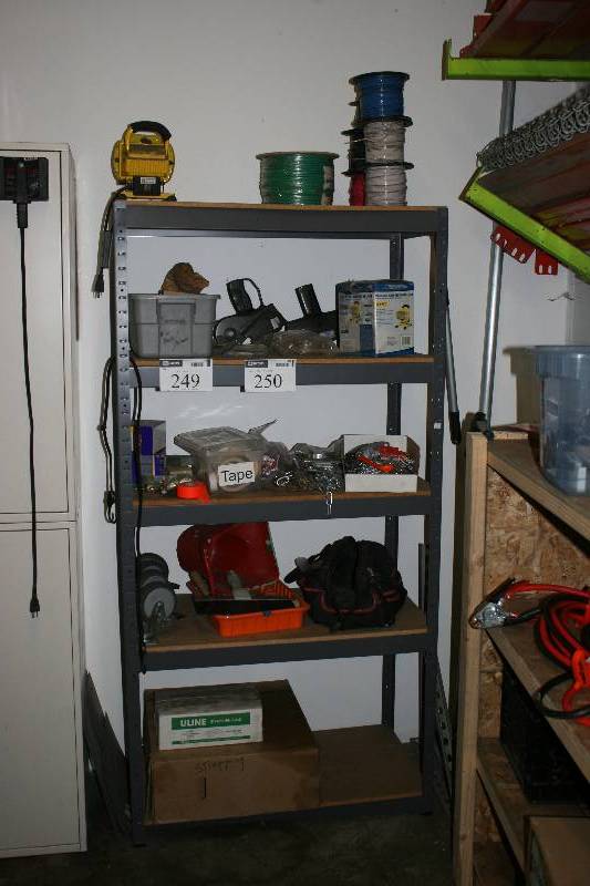lot 250 image: Contents of Shelving Unit Including Tape Wire Spindles Label Guns And More.