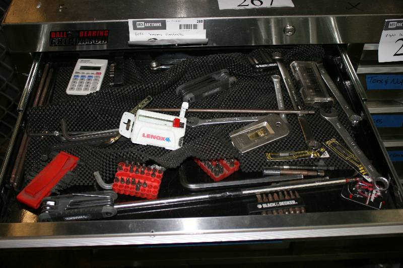 lot 268 image: Contents of Left Side Drawers Including Wrenches PliarsWire Cutters Work Gloves And More.