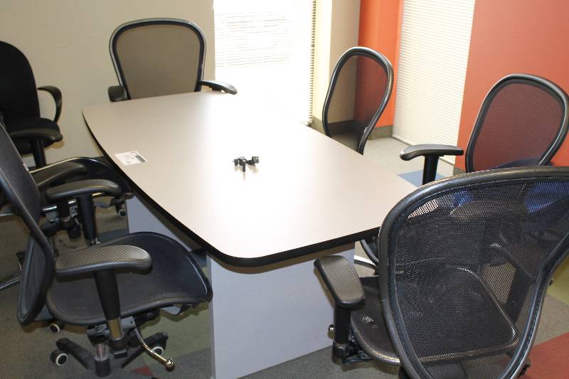 lot 107 image: Lot of (7) Including OvalRectangular Office Table 35.5 x 71.5 x 29 Ergonomic Office Chairs wOpen Mesh Backings & Wheels, Adjustable, (6).