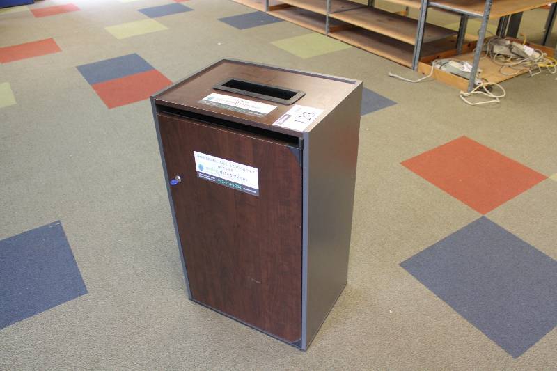 lot 123 image: Metal Locking Cabinet wKey Brown Includes Contents 21.5 x 15.5 x 35.5.