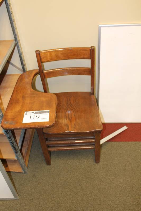 lot 119 image: Wooden Chair wLower Shelf & Desk Top Arm Rest 22 x 28 x 32.