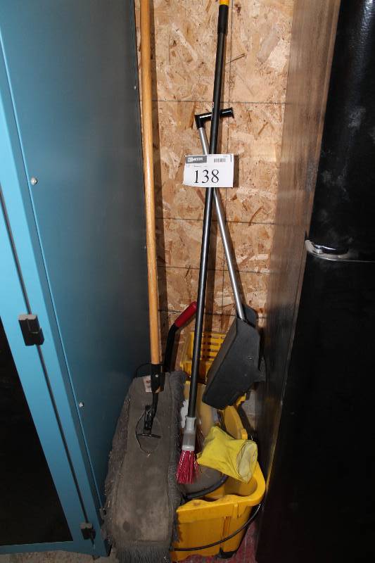 lot 138 image: Cleaning Lot Including Mop Bucket wWheels Dust Pan wExtension Arm Broom Mop.