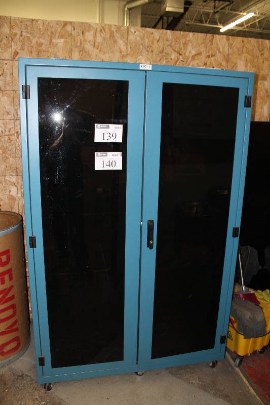 lot 139 image: Great Lakes Case & Cabinet Co. Double Door Cabinet wOverhead Cooling Fans & Shelves Serial No. 98-26198 48 x 32 x 75.5 Contents Not Included.