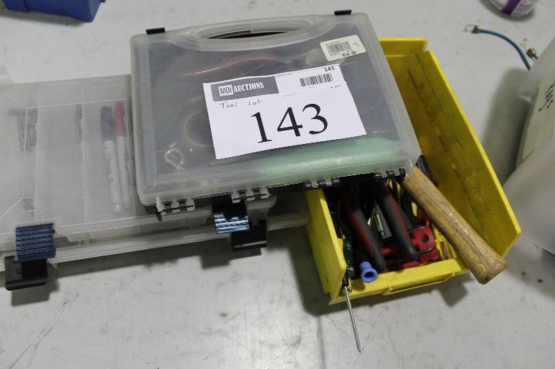 lot 143 image: Tool Lot Including Screw Drivers Hammers Measuring Tape Pliars And More.
