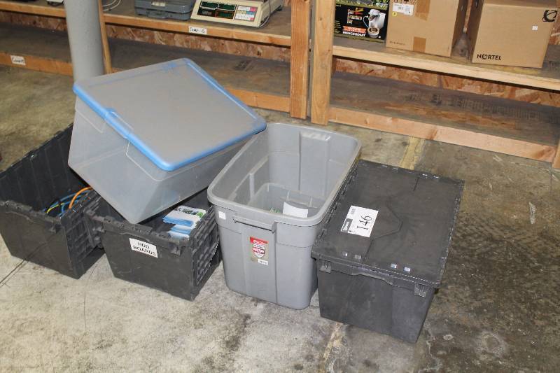 lot 146 image: Lot of (5) Plastic Totes Does Not Include Contents.