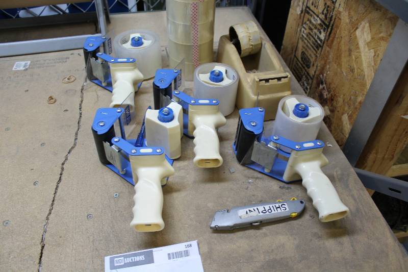 lot 168 image: Lot of (6) Hand Held Packing Tape Rollers wClear Packing Tape Rolls.