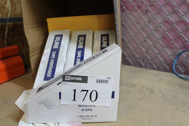 lot 170 image: Lot of (6) Including U-Line Industrial Tape Dispensers Uline Bubble Mailers, 2 Kraft.