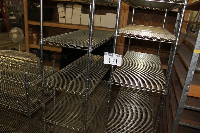 lot 171 image: Lot of (3) Metal Shelving Units wGrate Style Shelves & Wheels 18 x 47.5 x 41 18 x 47.5 x 76.5 (2) Shelves (15).