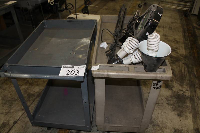 lot 203 image: Lot of (2) Plastic Push Carts wWheels & 2 Shelves 32 x 20 x 32, 34 x 18 x 33 Contents Not Included.