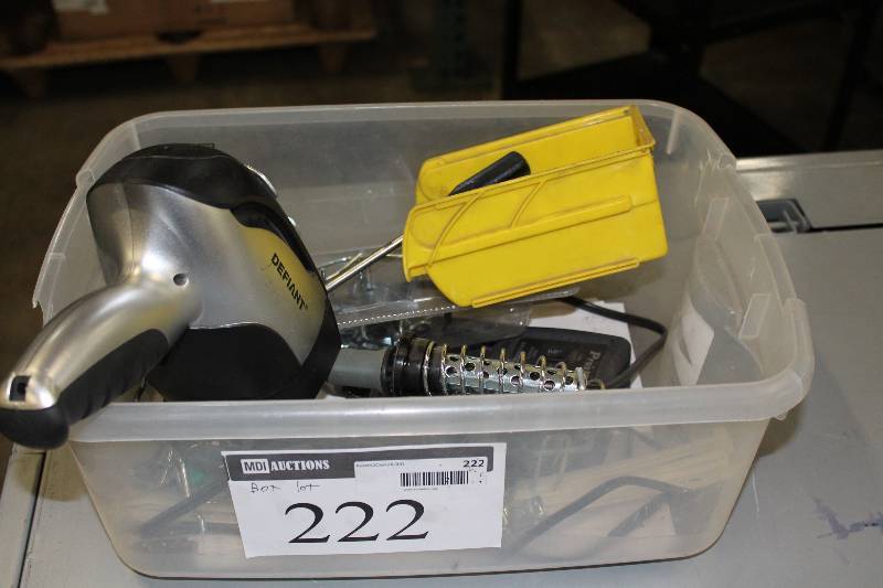 lot 222 image: Box Lot Including Screw Driver Defiant Flash Light ProS Kit Soldering Station, 6PL353A.