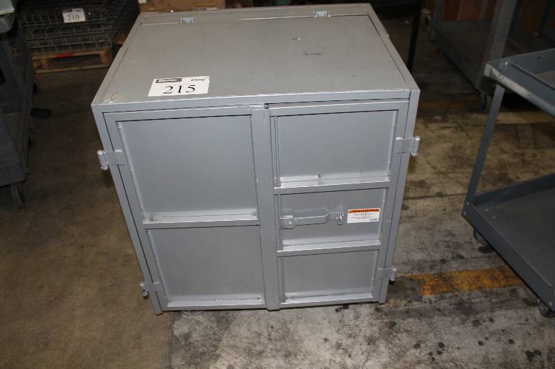 lot 215 image: Organizational Cabinet wWheels & Double Doors Gray 30 x 24 x 35.5.