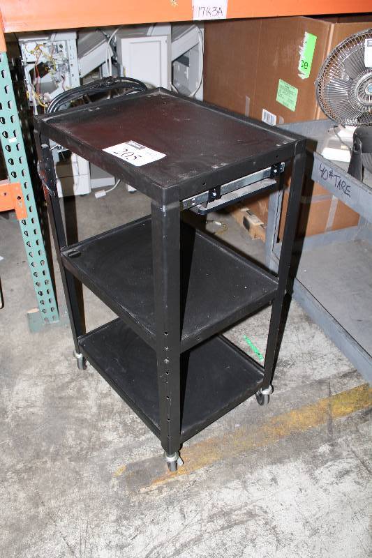 lot 205 image: Metal Push Cart 3 Shelves Black Slide Out Keyboard Tray Power Cord wOutlets 25 x 18 x 42.