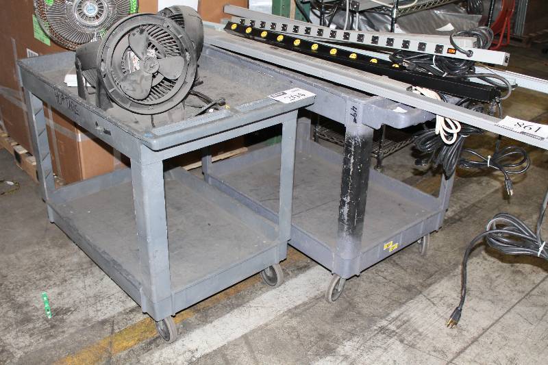 lot 204 image: Lot of (2) Plastic Push Carts wWheels & 2 Shelves 44 x 26 x 35, 40 x 26 x 35 Contents Not Included.
