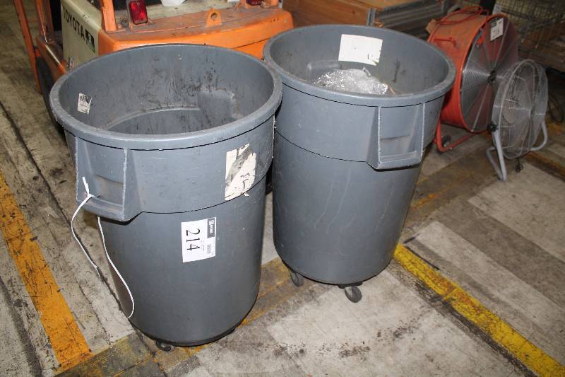 lot 214 image: Lot of (2) Plastic Garbage Cans wWheel Bases 24 Diameter 36 Height.