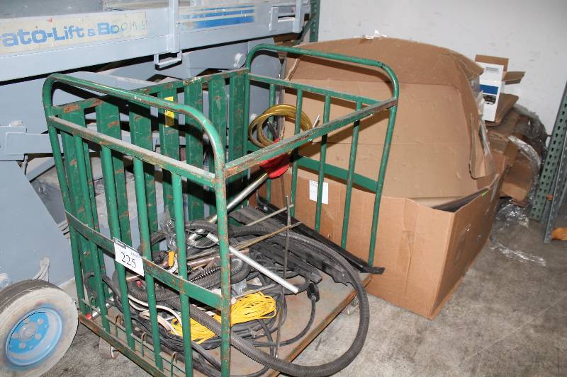 lot 225 image: Green Metal Push Cart wWheels & Walls 31.5 x 42 x 48 Does Not Include Contents.