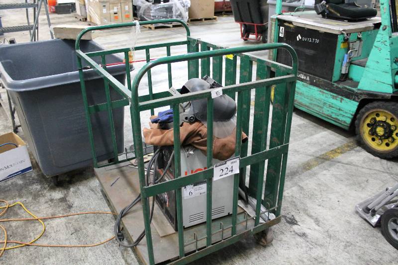 lot 224 image: Green Metal Push Cart wWheels & Walls 31.5 x 42 x 48 Does Not Include Contents.