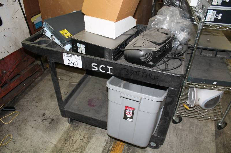 lot 240 image: Plastic Push Cart wDual Shelves & Wheels 25 x 45 x 33 Contents Not Included.
