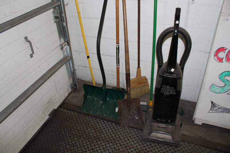 lot 230 image: Lot of (7) Including Snow Shovel Metal Shovel Vacuum Cleaner And More.
