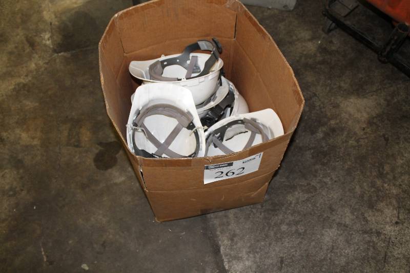 lot 262 image: Box Lot of Plastic Hard Hats wAdjustable Head Fittings White.