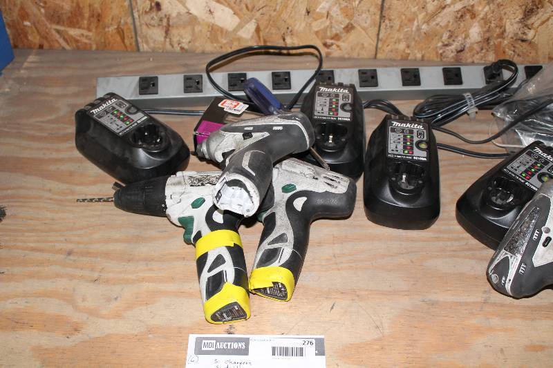 lot 276 image: Lot of (6) Including Makita Power Drills (3) Battery Chargers For Power Drills (3).